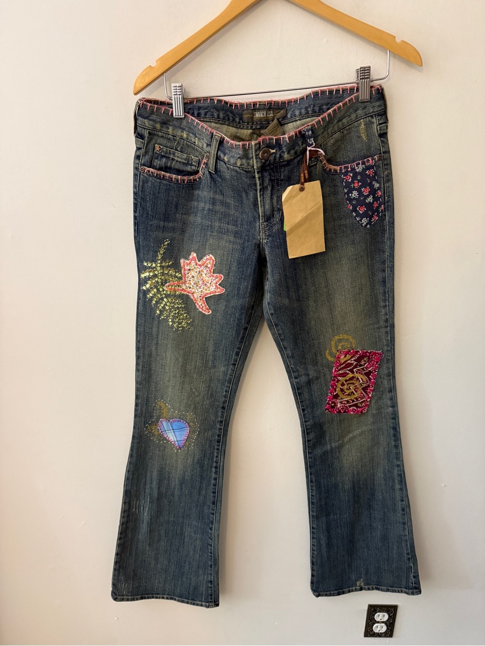 Y2K vintage SWITCH usa embroidered jeans w patchwork, pink stitching